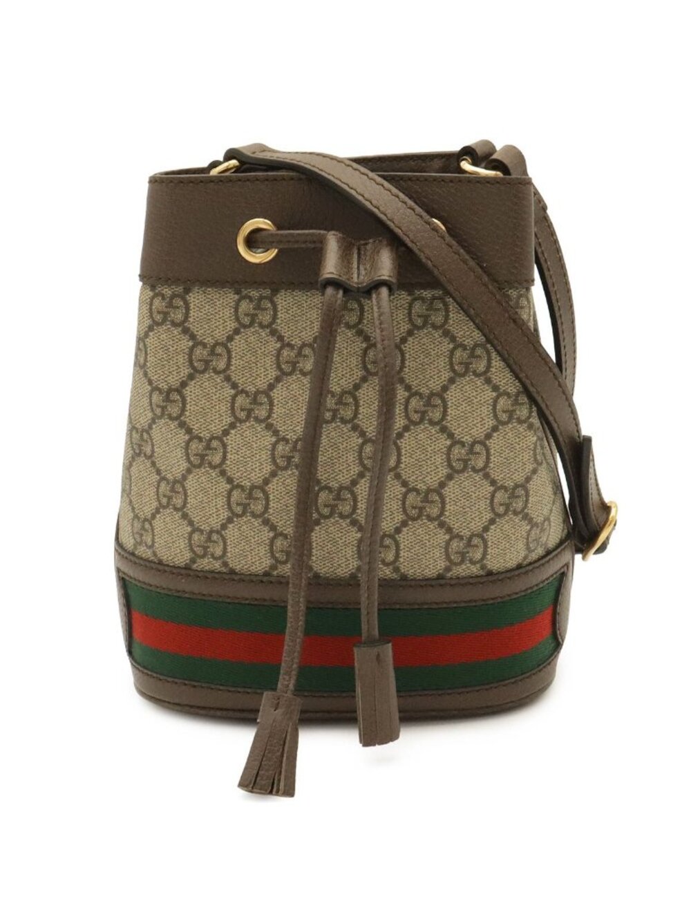 Gucci Ophidia GG Supreme Mini Bucket Bag Web Line Drawstring Leather Beige